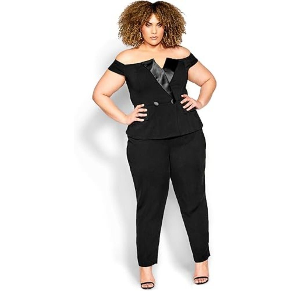 City Chic Women's Off the Shoulder Jumpsuit 20 Plus Black Sexy Tuxe Slim-Fit